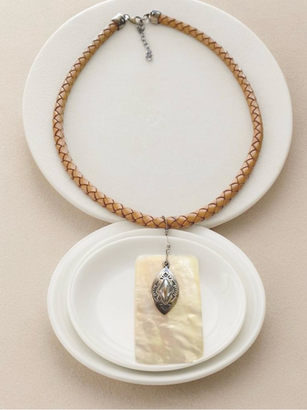 Silpada Vintage  Mother-of-Pearl and Sterling Pendant on Tan Braided Cord N0958